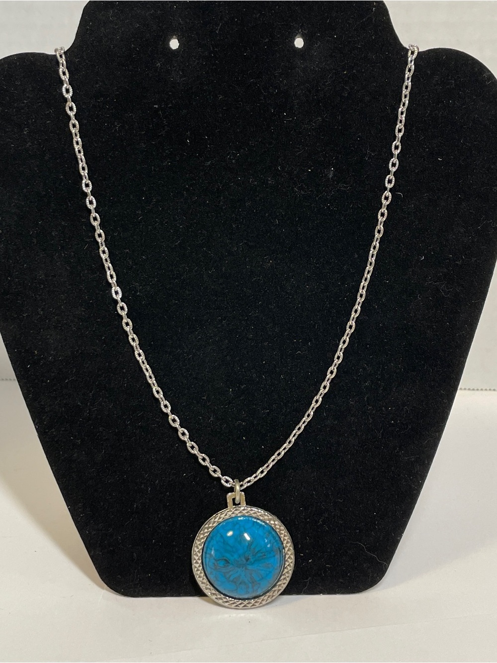 Vintage faux turquoise and faux Indian head coin reversible necklace silver tone